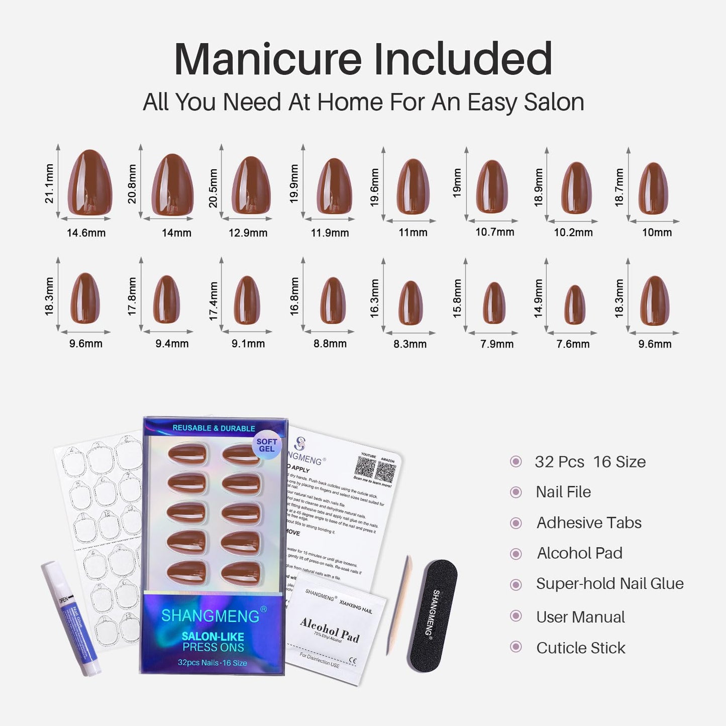Brown Press on Nails Short - SHANGMENG Soft Gel Almond Chrome Press on Nails for Women, Glossy Glue on Nails with Glue, 16 Sizes - 32 Reusable Fake Nails Kit, Molten Mocha