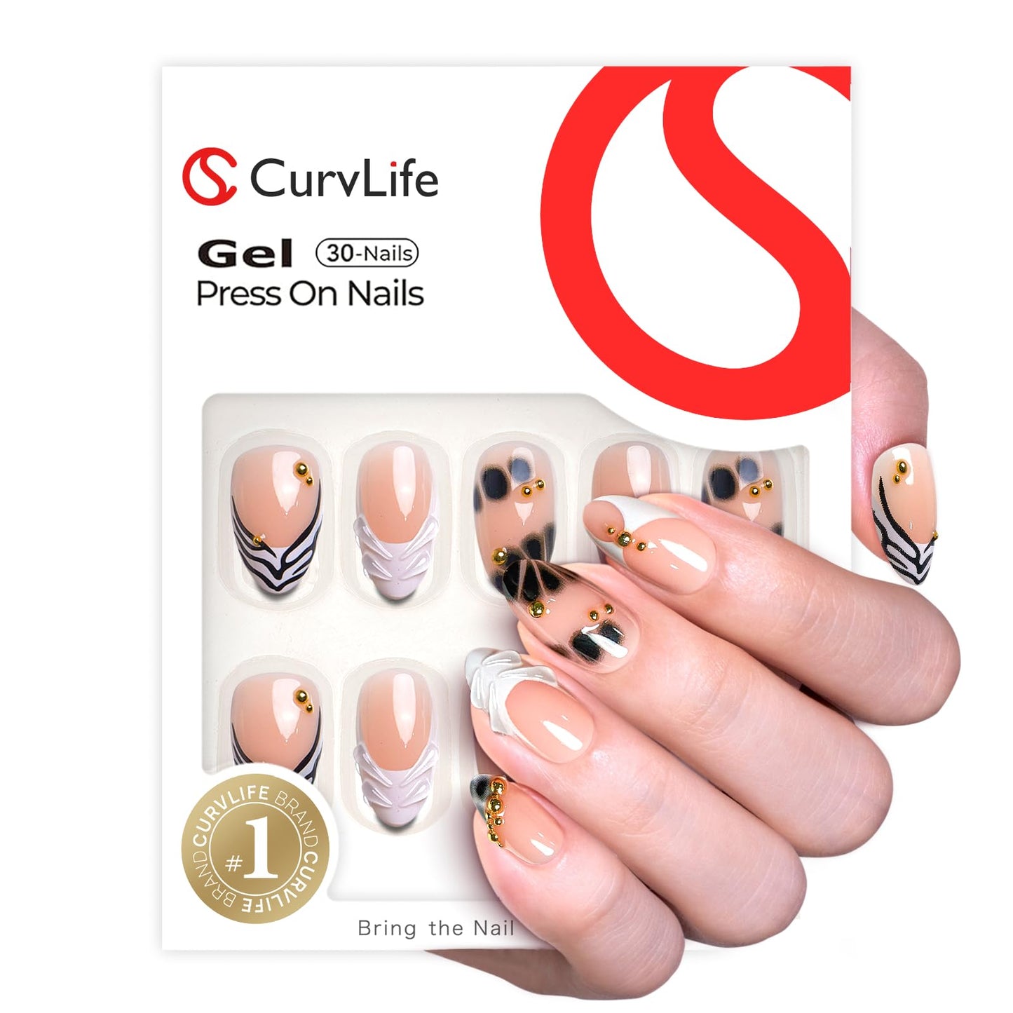 CurvLife Press On Nails Medium Almond Black White Abstract, Nude Soft Gel Glossy Fake Nails, Reusable Salon Look Manicure for Women Teens Beginners, 30pcs, Daily Wear Work Party