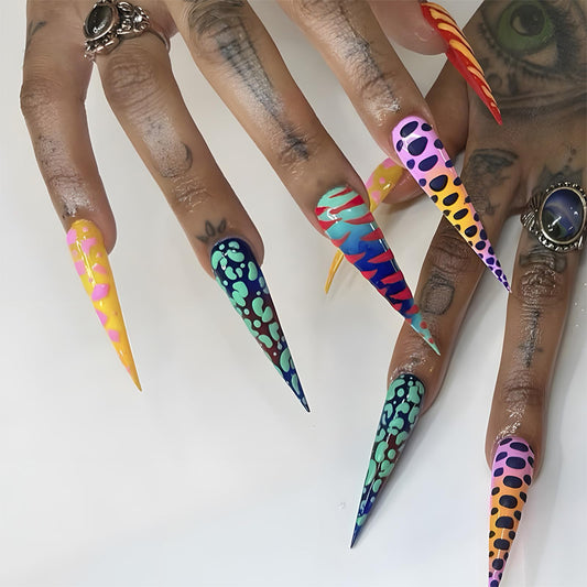 SINHOT Stiletto Press on Nails - Long Fake Nails, Glossy Finish, Colorful Ombre & Abstract Graffiti, DIY Artificial False Nail Art - 24 Pcs Nail Kit with Glue