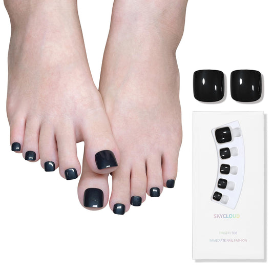 Black Short Press On Toenails,14 Size-28 Pcs Soft Gel Black Square Fake Toenails Kit with Toenails Glue, Natural Reusable Stick On False Toenails for Women and Girls (Skycloud Black Toenails) SK0754