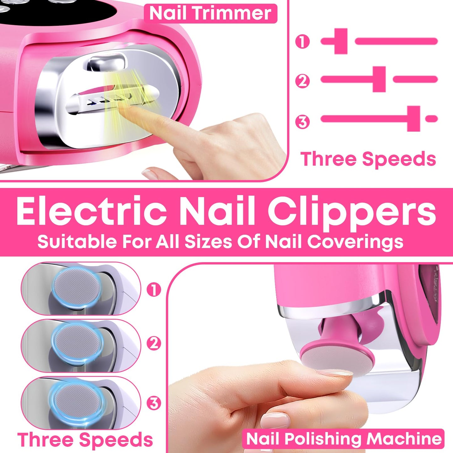 Automatic Nail Clippers for Seniors, 3-in-1 Electric Nail Clipper & Trimmer with LED Light Rechargeable Battery Fingernail Clipper for Adults Fingernail Grinder Electric Polishing for Women & Men