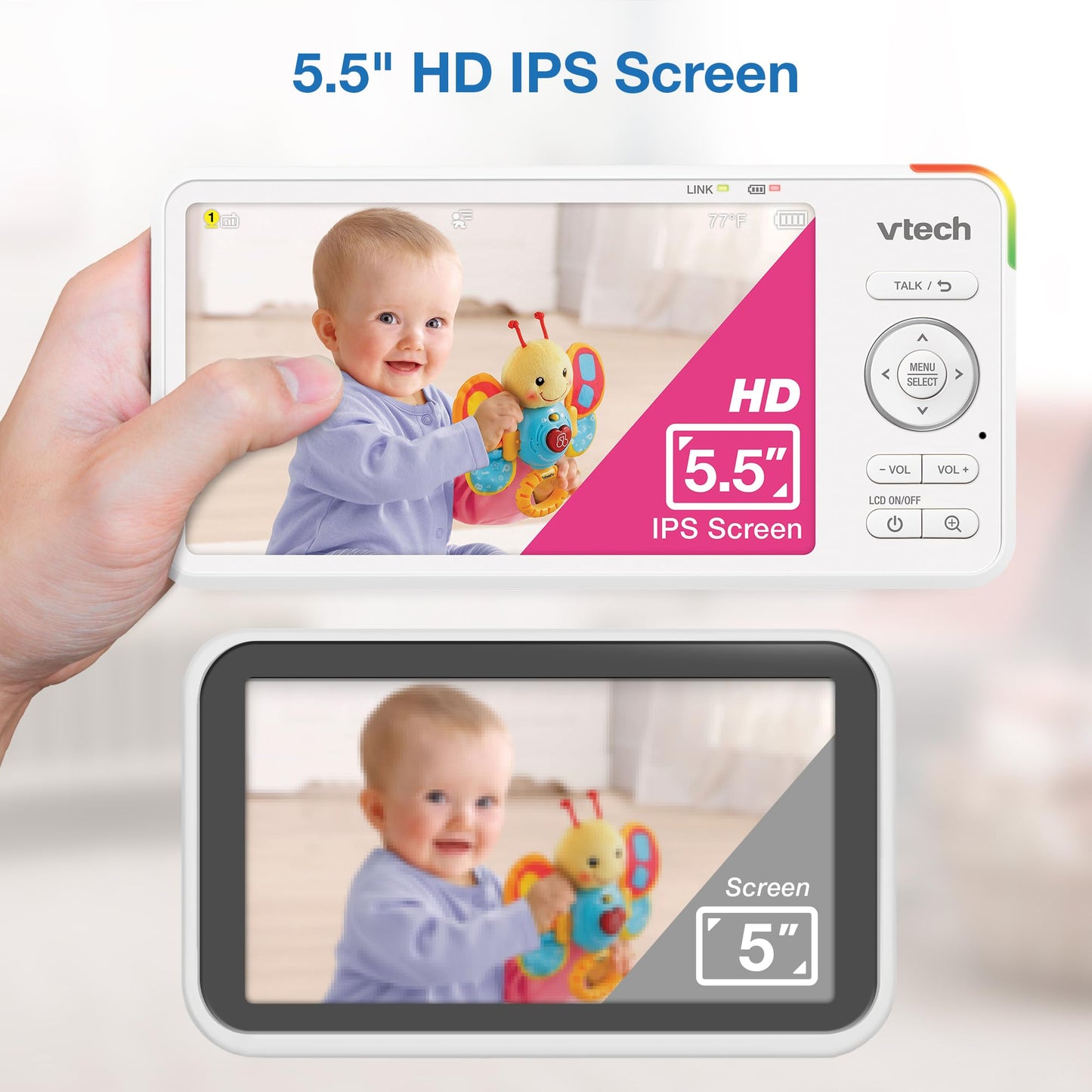 VTech 5.5" IPS Screen 720P Video Baby Monitor with Camera and Audio, Pan-Tilt-Zoom, Night Light, 2-Way Talk, Lullabies, Soothing Sounds, Long Battery Life, No WiFi: Advanced HD Plus