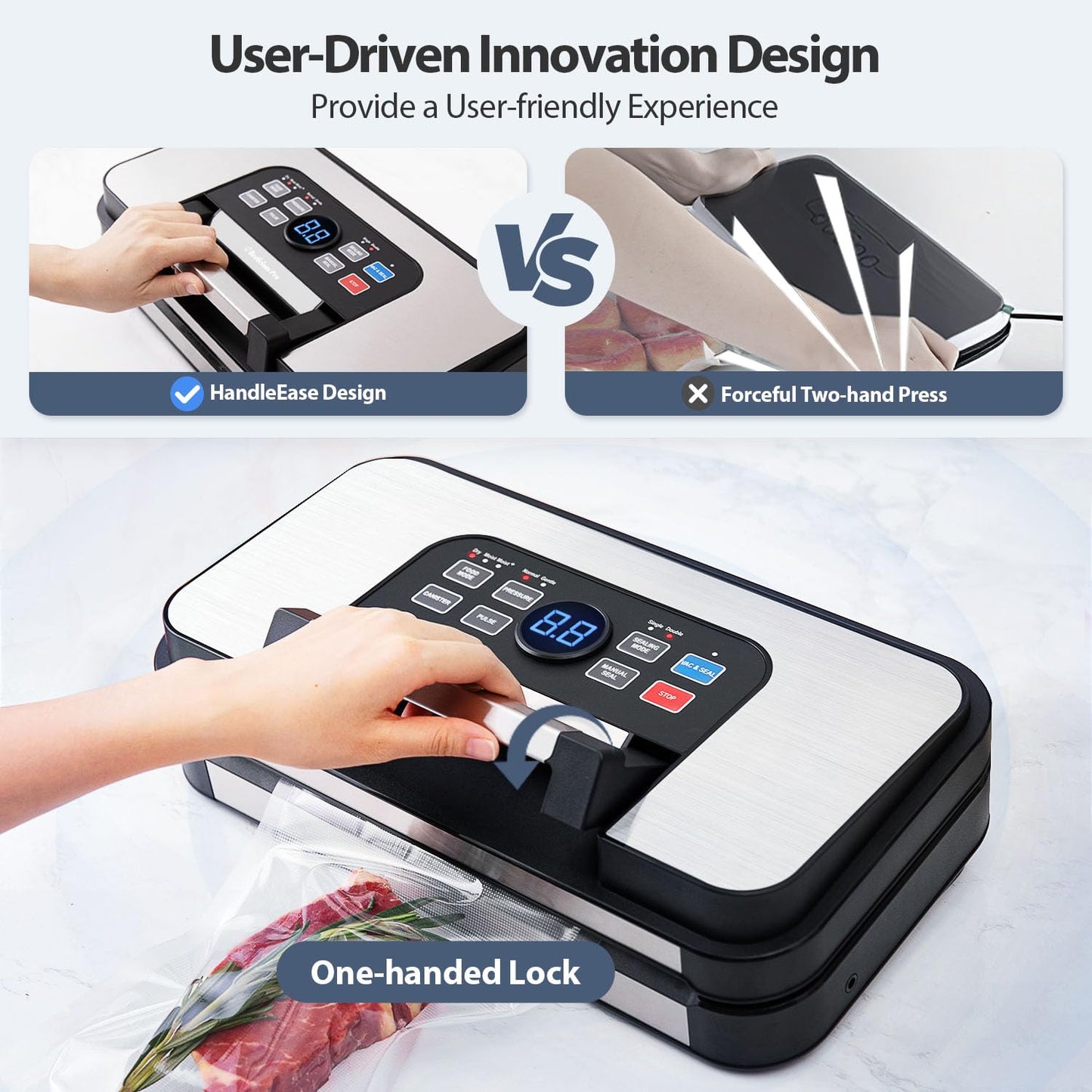 95Kpa Powerful Precision Pro Vacuum Sealer, with Double Heat Seal & Double Pump, Easy-Lock Handle, 10-in-1 Vacuum Sealer Machine for Food with Bags Storage, Built-in Cutter, Stainless Steel