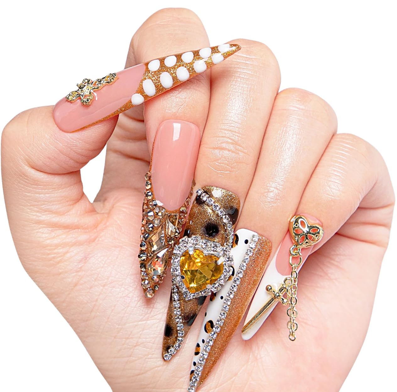 LOVFUL Reusable Press on Nails | Regal Glitz | Salon Quality Sustainable Style Handmade with Full Covered Crystals | Stiletto Mid Length 1.7 in | H259-S