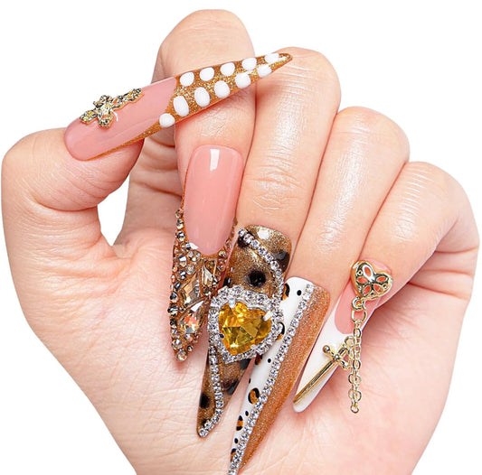 LOVFUL Reusable Press on Nails | Regal Glitz | Salon Quality Sustainable Style Handmade with Full Covered Crystals | Stiletto Mid Length 1.7 in | H259-S