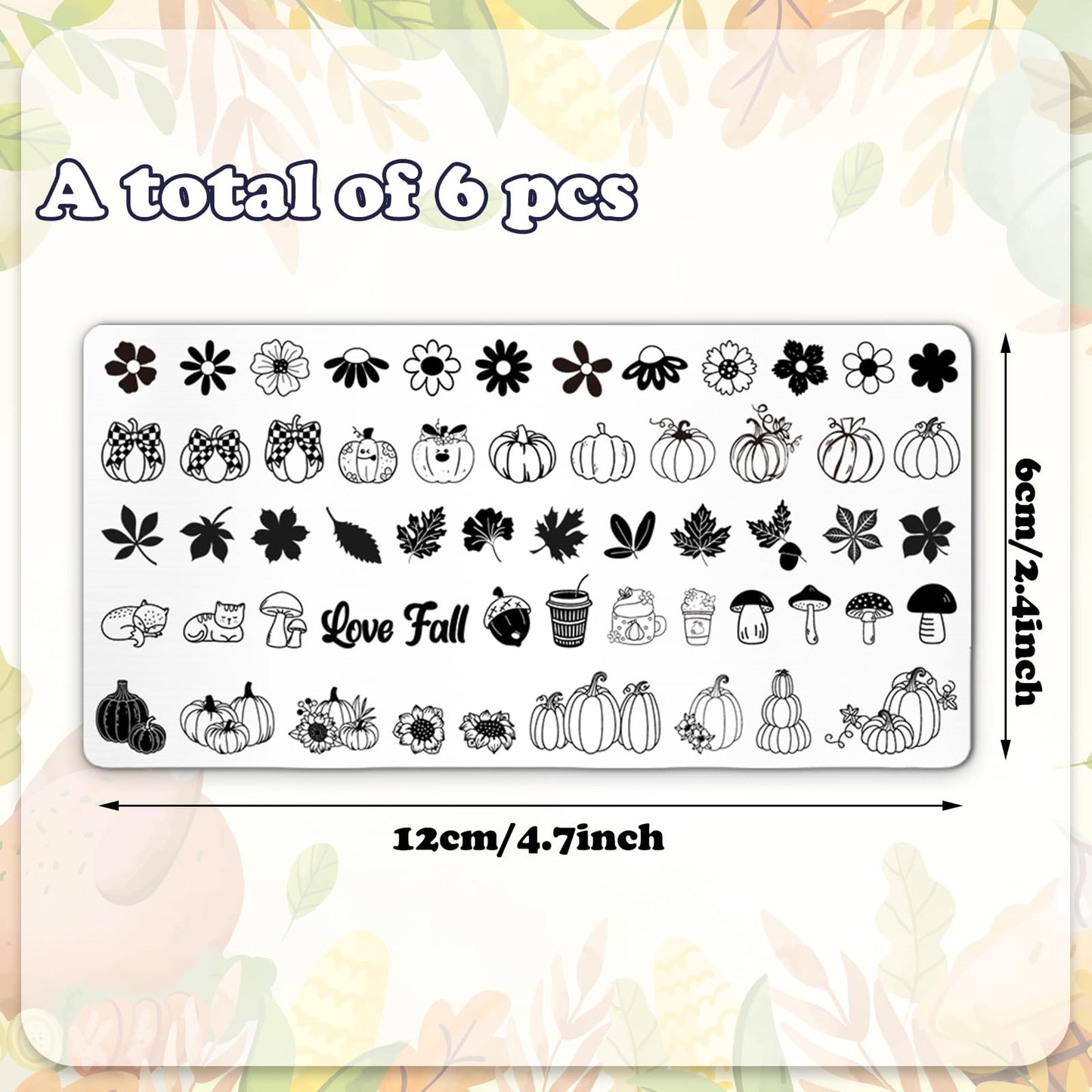 Whaline 6 Pcs Fall Nail Plates Stamping Set Pumpkin Leaves Stamp Templates Nail Art Plates for Autumn Harvest Thanksgiving DIY Print Manicure Salon Design