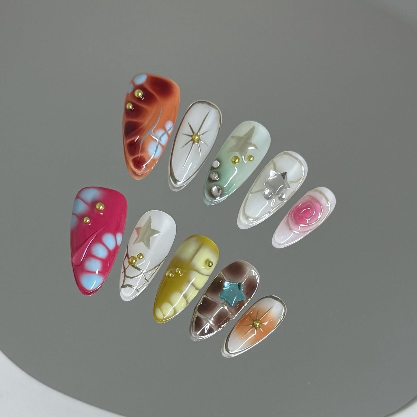 10Pcs Medium Almond Handmade Press On Nails | Easy Apply & Remove, Reusable Salon Quality Nails | Y2K Punk Multicolor Fake Nails with 3D Floral, Star & Gold Bead Accents (5U01, M)
