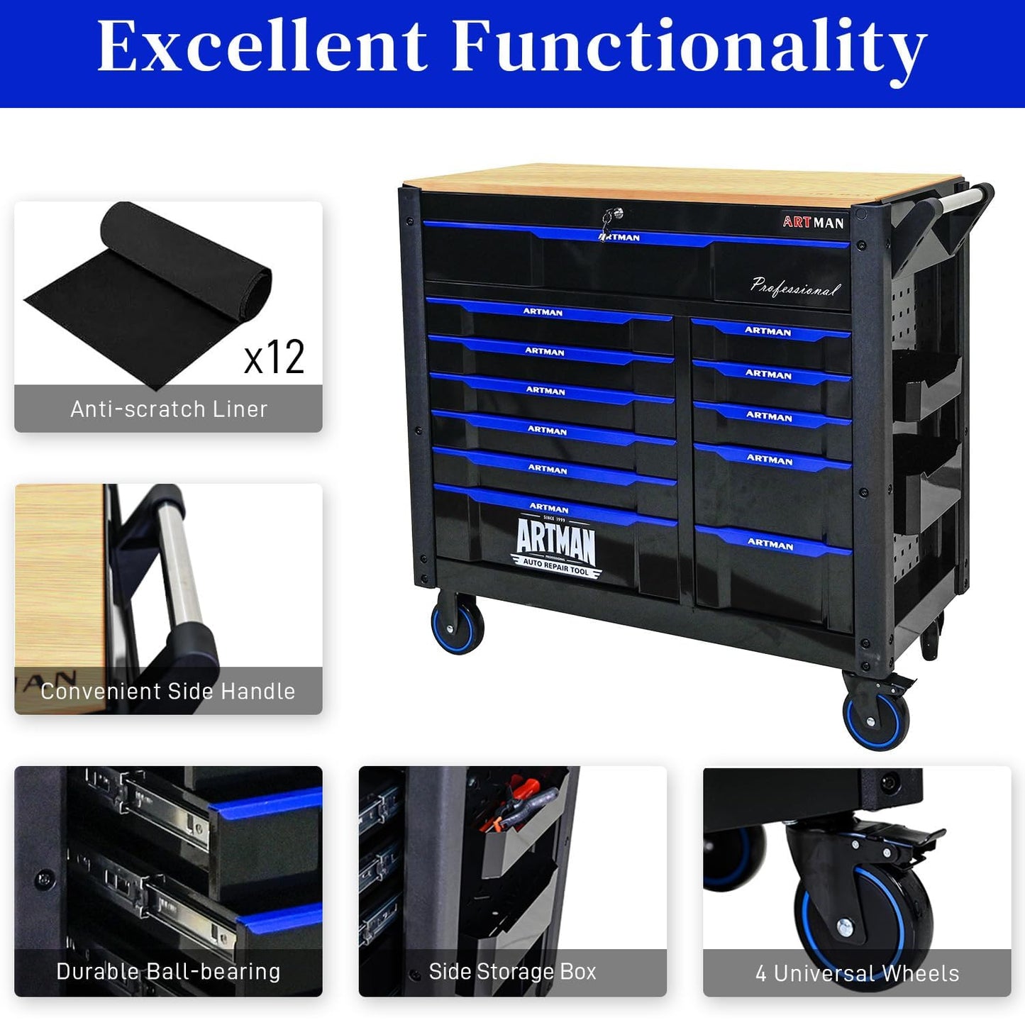 WTRAVEL Heavy Duty Rolling Tool Chest with 12-Drawer Tool Cart Mechanic Tool Box with Wheels Tool Storage Cabinet Mobile Workbench Tool Bench for Garage, Workshop, Warehouse, Repair Shop, Wood Top