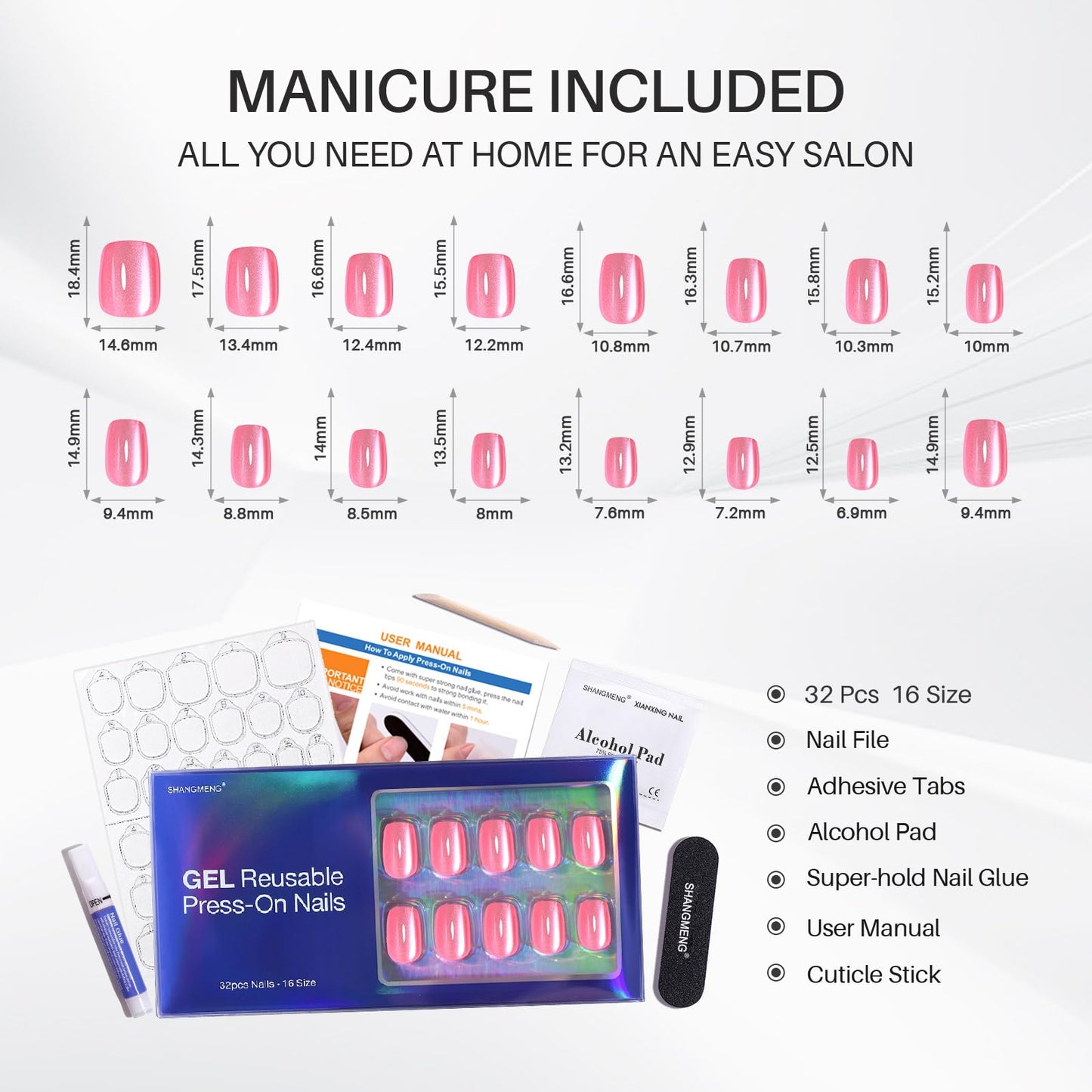 Pastel Baby Pink Press on Nails Short - SHANGMENG Soft Gel Valentines Cat Eye Press on Nails Square for Women Gift, Glossy Glue on Nails in 16 Sizes - 32 Reusable Fake Nails Kit with Glue, Sweet Kiss