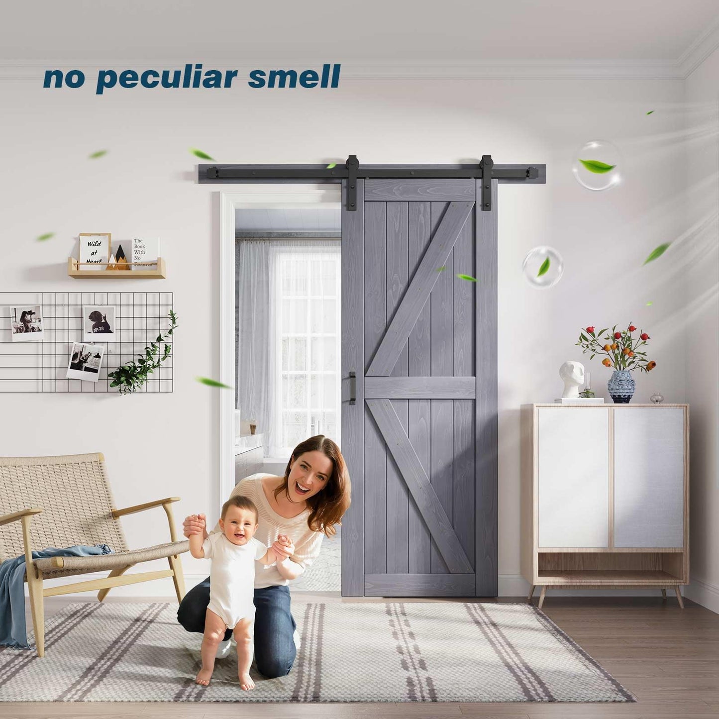 FREDBECK 30in x 84in Gray Wood Barn Door Slab with 5ft (60inch) Barn Door Hardware Track Kit Included, Double Surfaces,Simple Assembly is Required,K-Frame,Grey