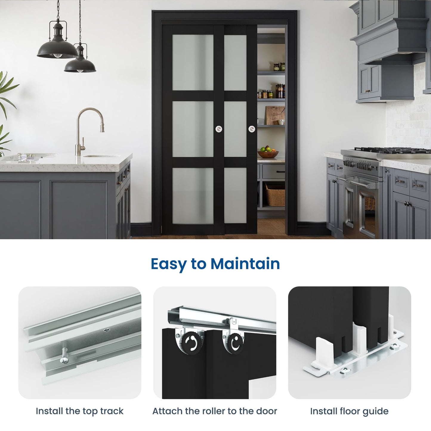 COSHOMER Sliding Closet Door for 48" x 80" Opening with Hardware Kit Set, Preassembled 3-Lite Frosted Glass MDF Barn Doors, Black