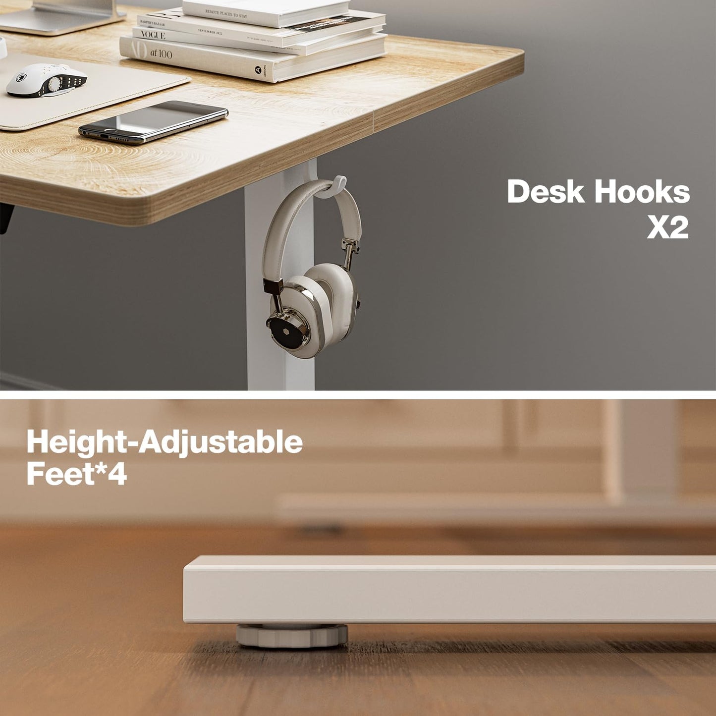Grandder 47x32 Large Electric Standing Desk, Height Adjustable Computer Desk with 2 Memory Presets, 31.5" Deep Desktop Sit Stand Desk Home Office Desk Workstation Table with Hooks, Oak