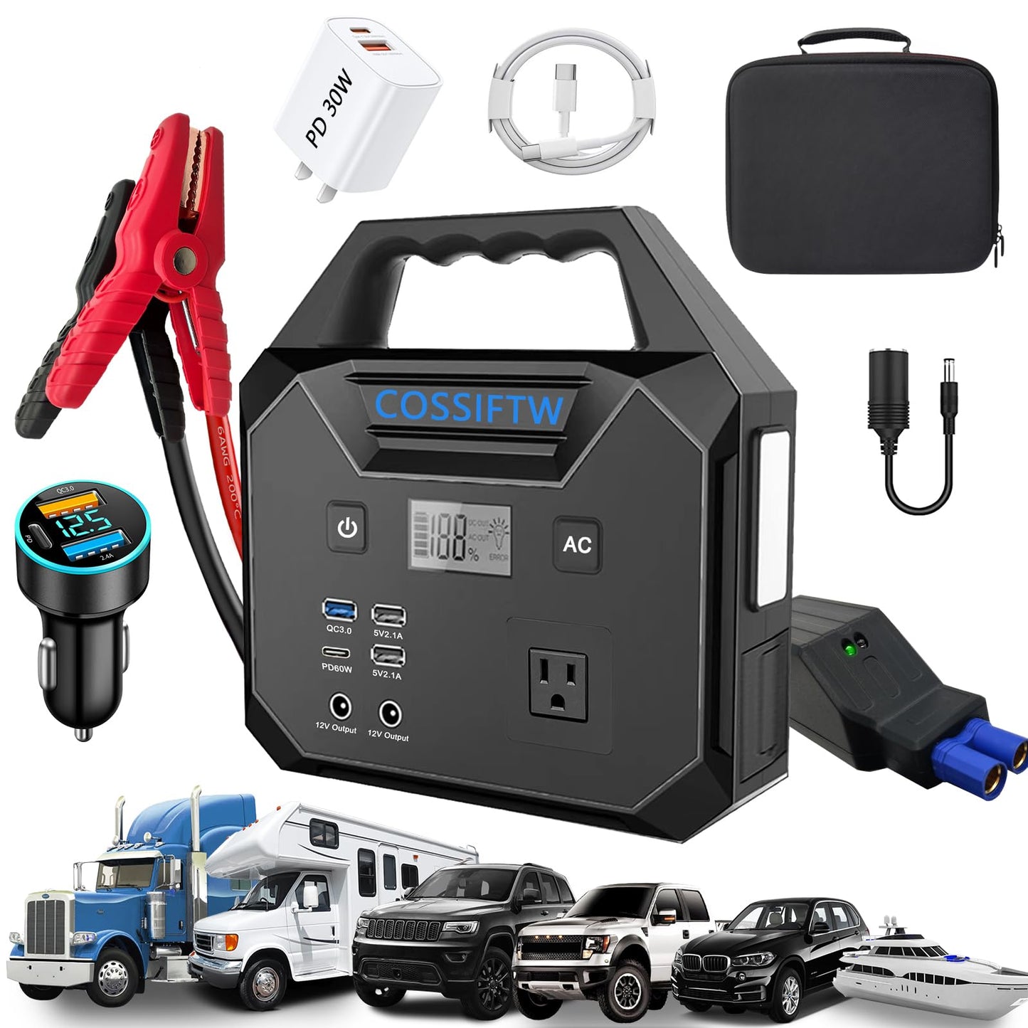 COSSIFTW 10000A Heavy Duty Jump Starter AC 200W Generator 130wh Jump Booster PD 60W Two-Way Fast-Charging The Most Multi Functions & Heavy Duty Jump Starter (Apply for All Cars & Trucks)