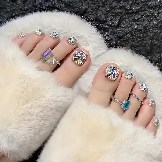 MISUD Press on Toenails - Fake Toe Nails with Rhinestone, Acrylic Toenail Bling Silver Glitter Design 24 pcs