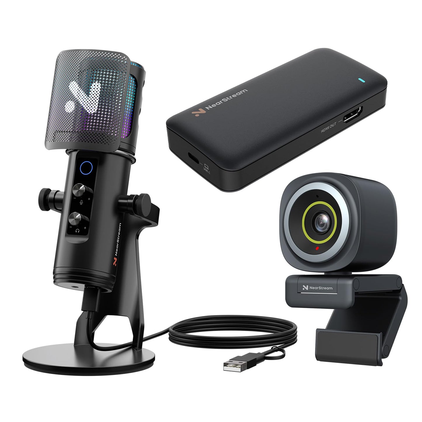 NearStream Gaming Streaming Kit, CCD10 Capture Card, AM35U Gaming Microphone & V08AF 4K Webcam Bundle for Livestreaming