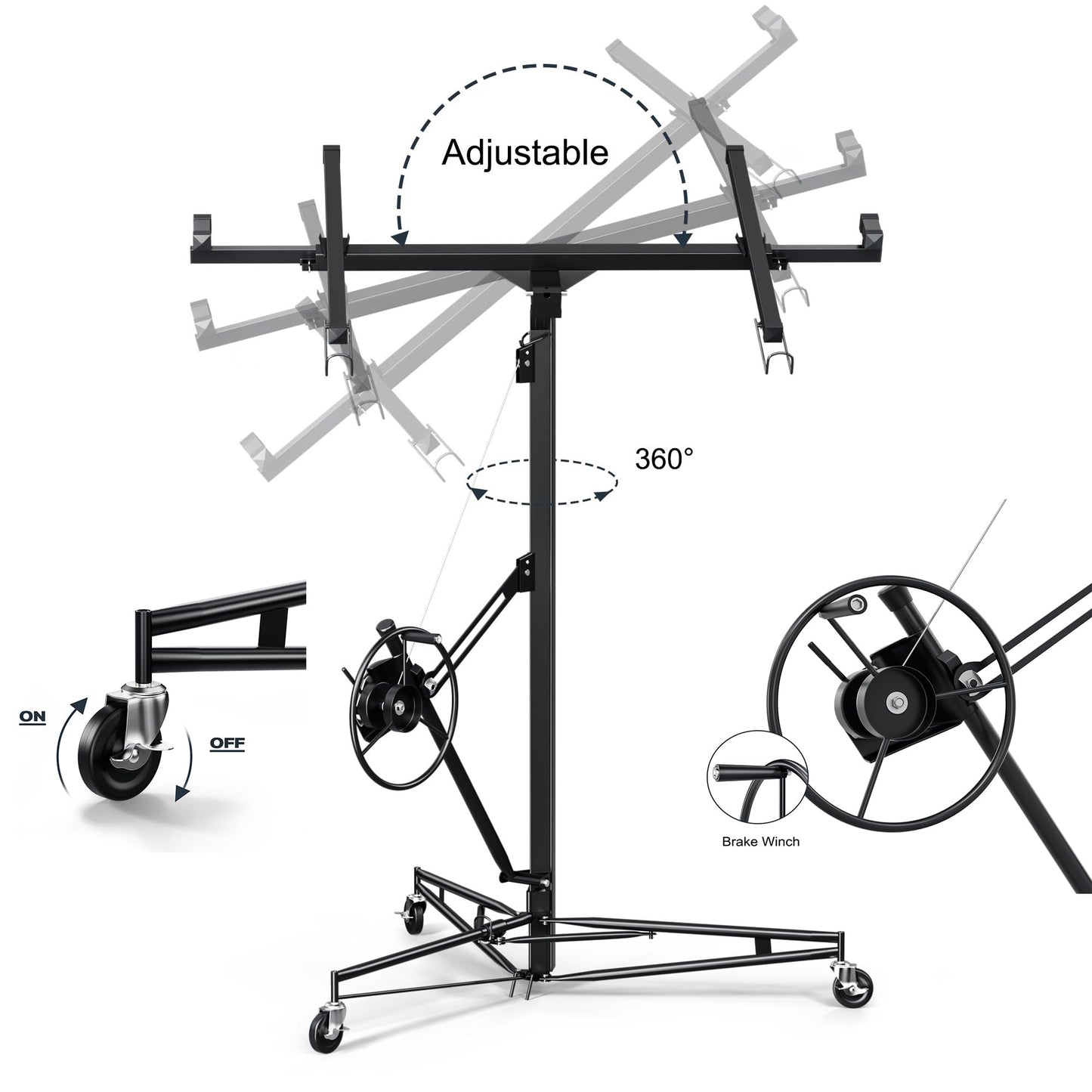Drywall Lift 16 ft,Sheetrock Lift Drywall Lift,150 LBS Heavy Duty Drywall Rolling Lifter Panel,Drywall Lift Panel Hoist Jack with 360° Adjustable Telescopic Arm & 3 Lockable Wheels (16 Ft Black)