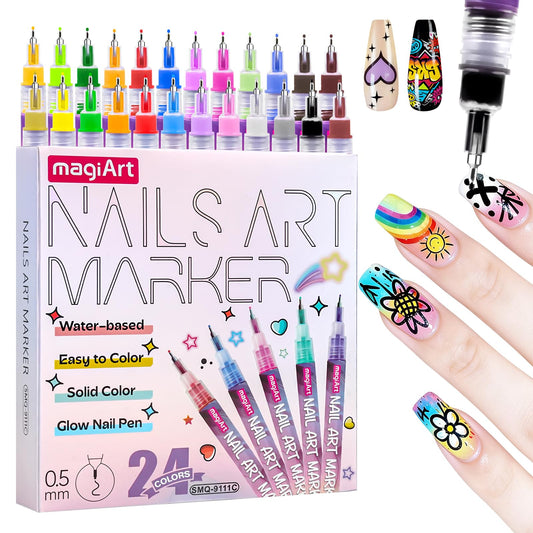 Nail Art Pens for Painting Nails, 0.5mm Nail Art Markers Fine Nib, 24 Colors 3D Nail Paint Pens , Nail Pens for Nail Art Suitable for Girls and Beginners, Great Coverage, Quick Dry, Waterproof