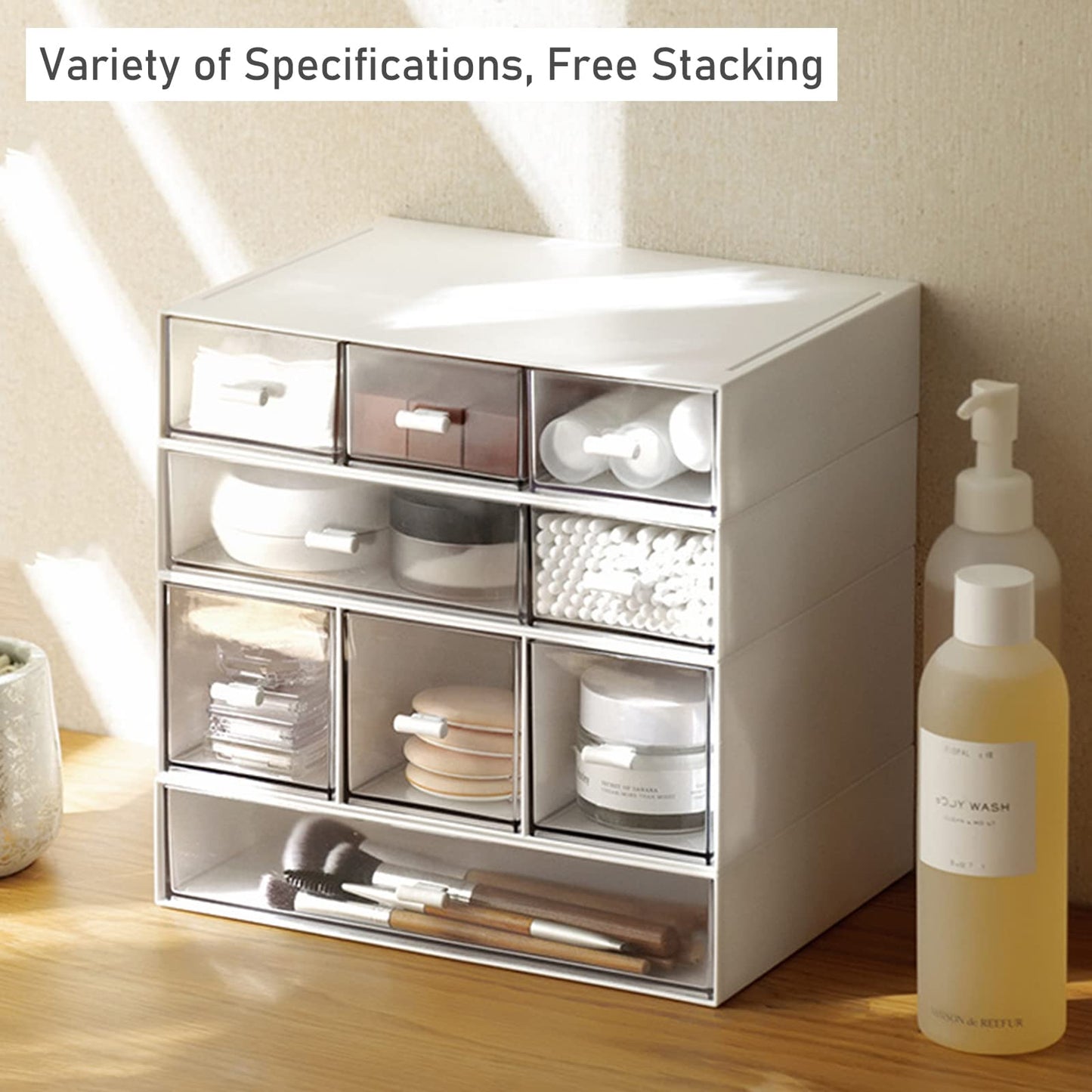 Desk Drawer Organizer, Stackable Storage Drawers, Plastic Compact Desk Storage Box Great for Office School Home Small Space - Large 3 Drawers (White)