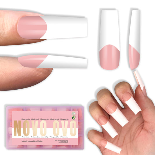 NOVO OVO Old School Wide White French Tip Nail Tips Press on, Long Tapered Square BABY PINK, Extra Thick Soft Gel Fake Acrylic Extension, Need Builder Gel Top Coat & Glue, 15 Sizes 240 pcs