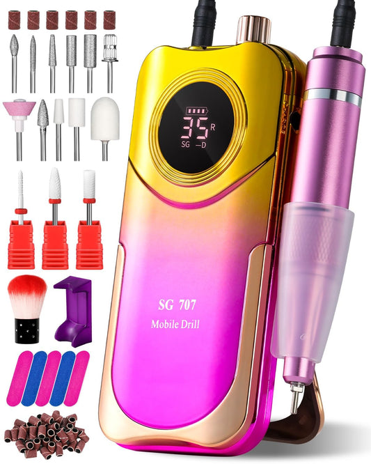Moskany Professional Electric Nail Drill Kit 35000RPM with 14PCS Bits Purple Gold Portable Rechargeable Cordless File Machine for Acrylic Gel Powder Nails and Manicure Pedicure Toenail Tool Salon Set