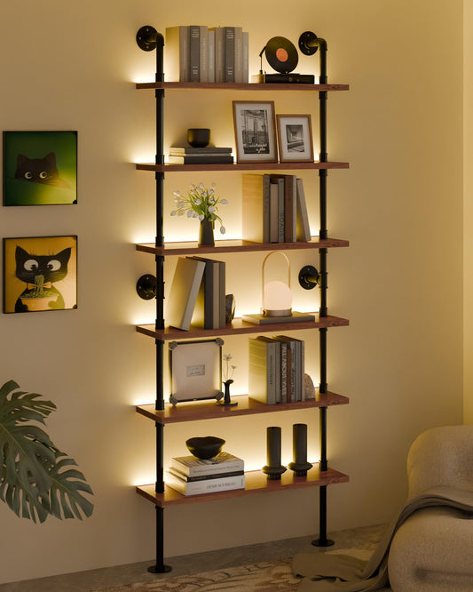 Anynice 6-Tier Ladder Shelf with Warm LED Light Strip, Solid Pine Wood Wall Mounted Bookshelf in Walnut Brown, 36-Inch Industrial Pipe Bookcase for Living Room, Bedroom, Home Office