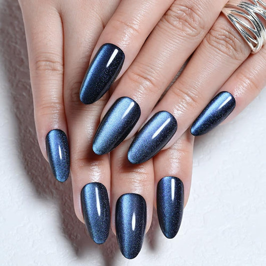 XZMeiLun Cat Eye Starry Blue Press On Nails Almond Medium, Magnetic Acrylic Fake Nails Stylish Design, Salon-Quality Shiny Finish, Reusable Stick On Nails Kit for Women, Daily Wear (No Glue Included)