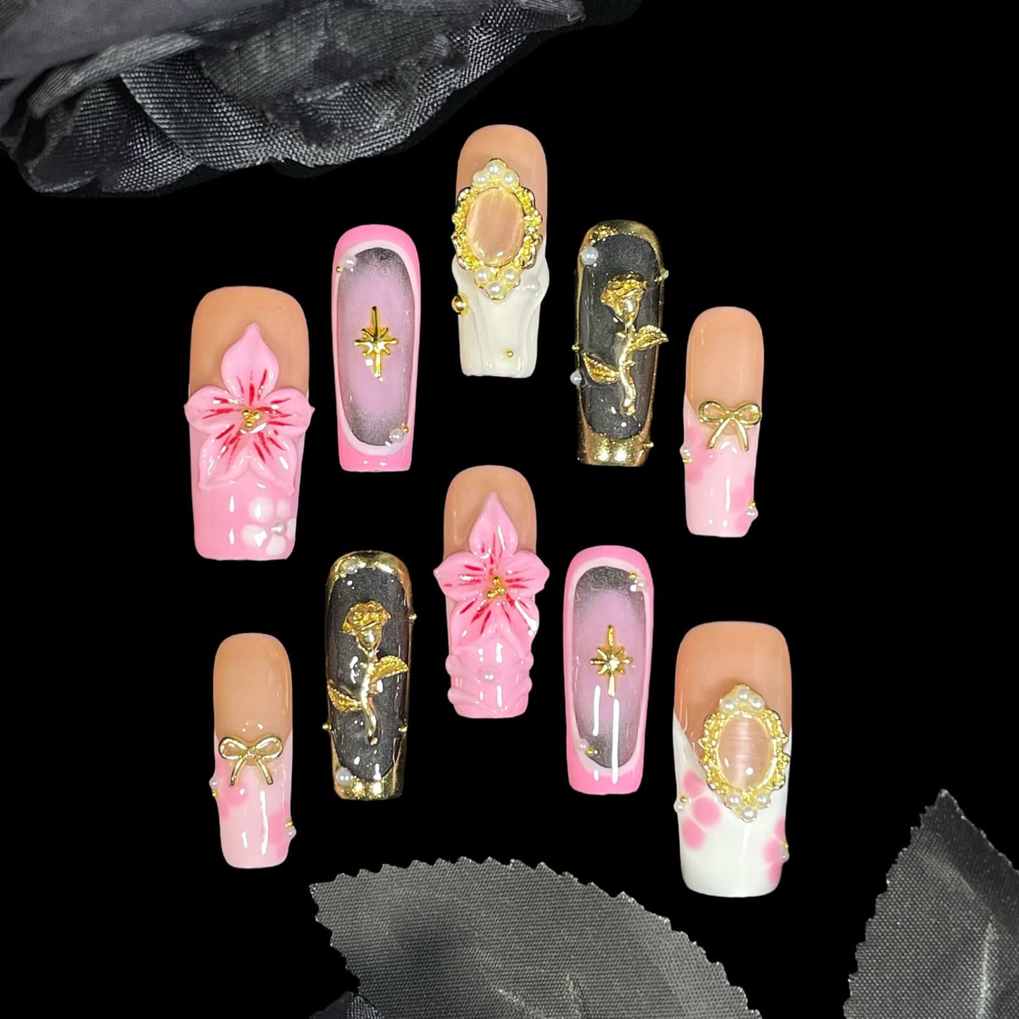 Handmade Press on Nails 3D Floral - Pink Nude Vintage Gold Rose & Pearl Design, Medium Long Square False Nails Reusable Acrylic Fake Nails (Mist Pink, M)
