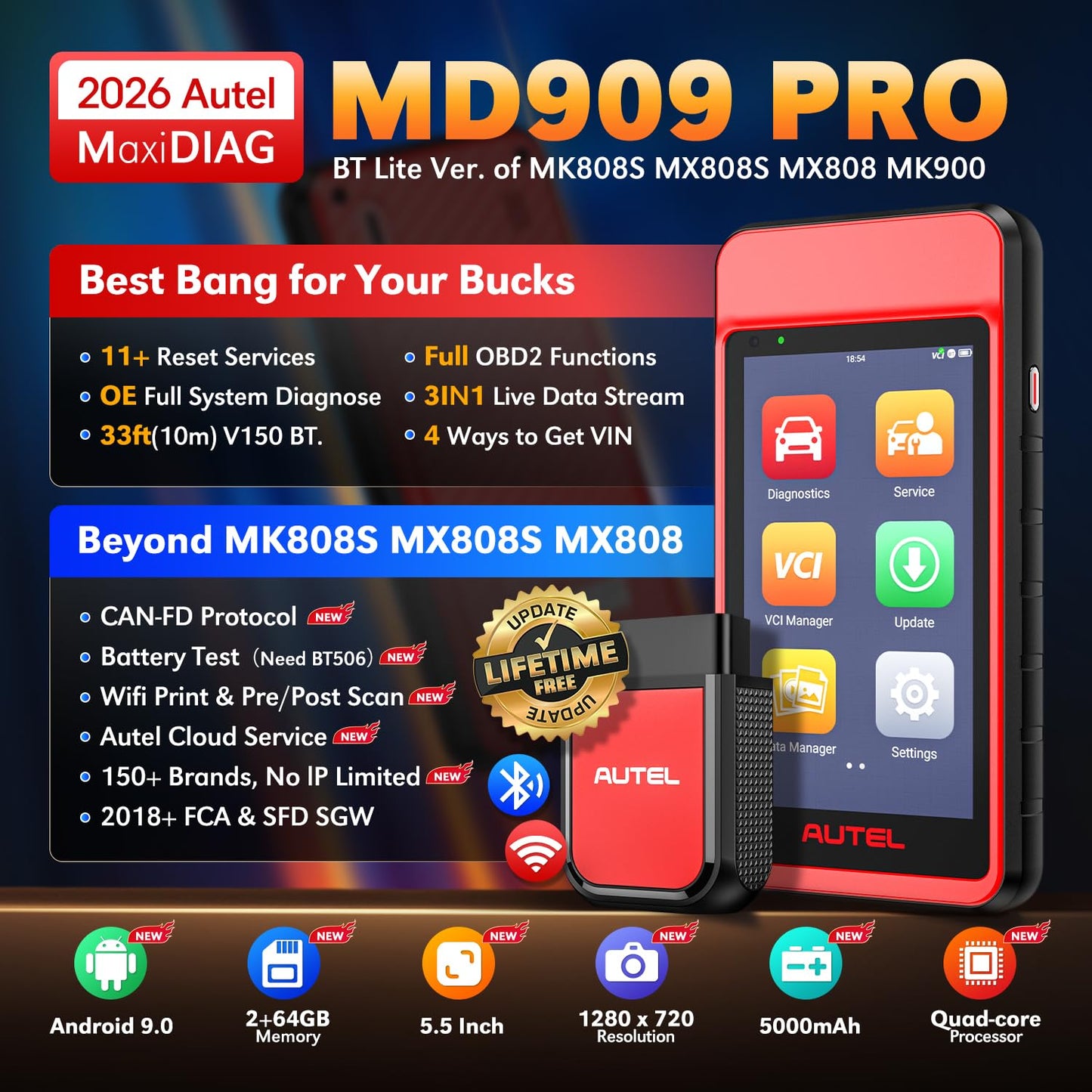 Autel MD909 PRO MaxiDiag OBD2 Scanner, 2026 MD909PRO BT Lite of MaxiCOM MK808S MX808S MK900, CAN FD, All System Diagnostic Tool, Up of MD906 PRO MD808 MD806, 11 Service, Battery Test, Free Update, FCA