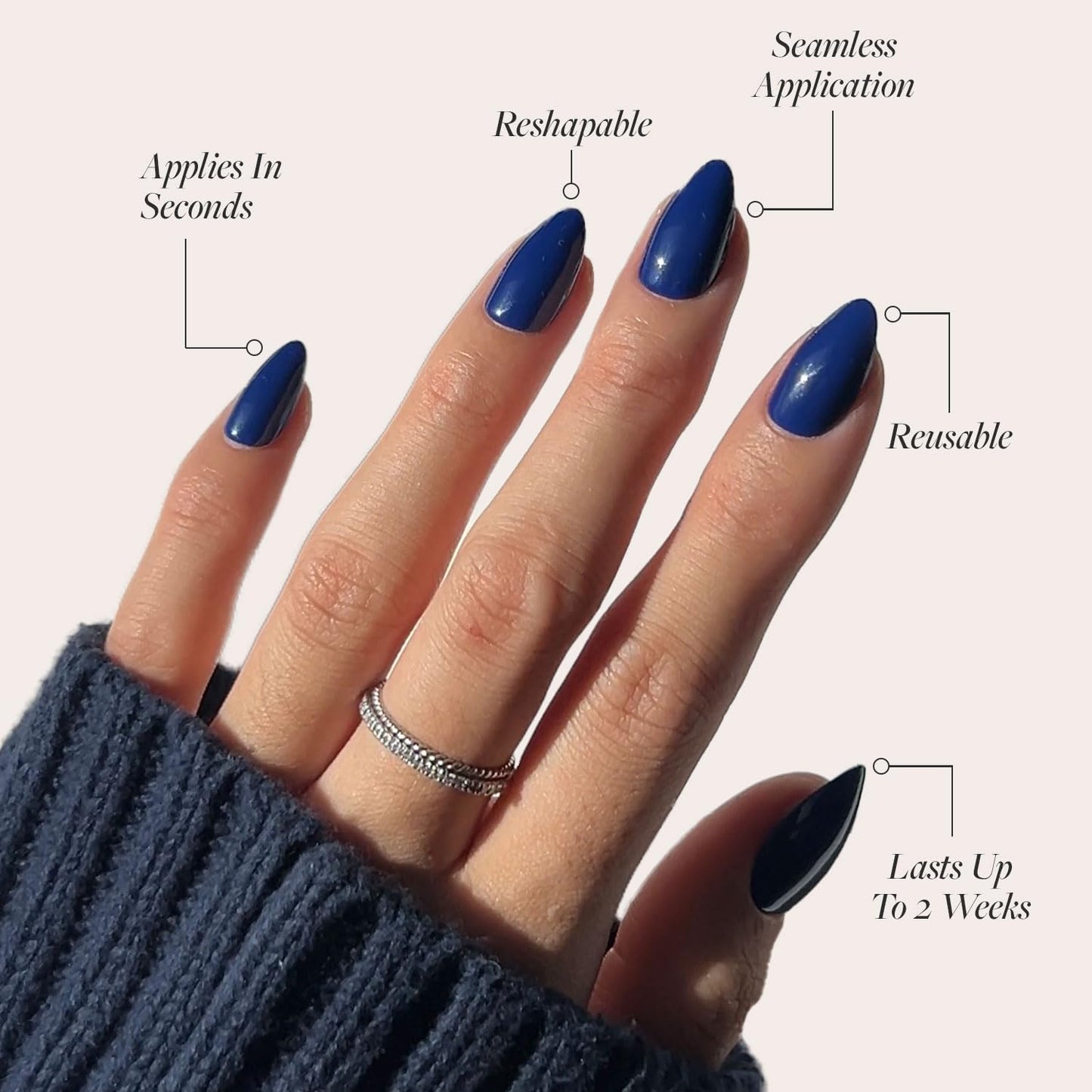 Glamnetic Press-On Nails - Midnight Blue | Dark Navy Blue Short Almond False Nails | 15 Sizes - 30 Nail Kit with Glue and Remover