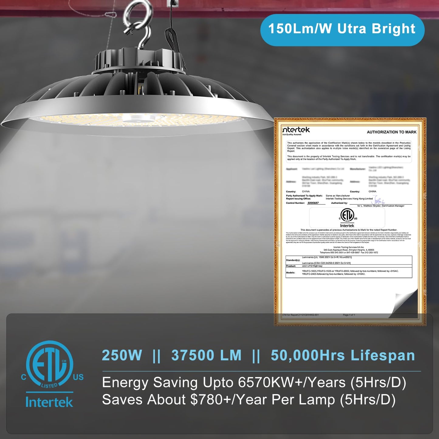 Lightdot 250W High Bay LED Light 37500lm Commercial Bay Lighting 5000K AC100-277V UFO LED High Bay Shop Light for 30-60FT Height Warehouse,Workshop, Garage & Barn,Plug & Play -6Pack