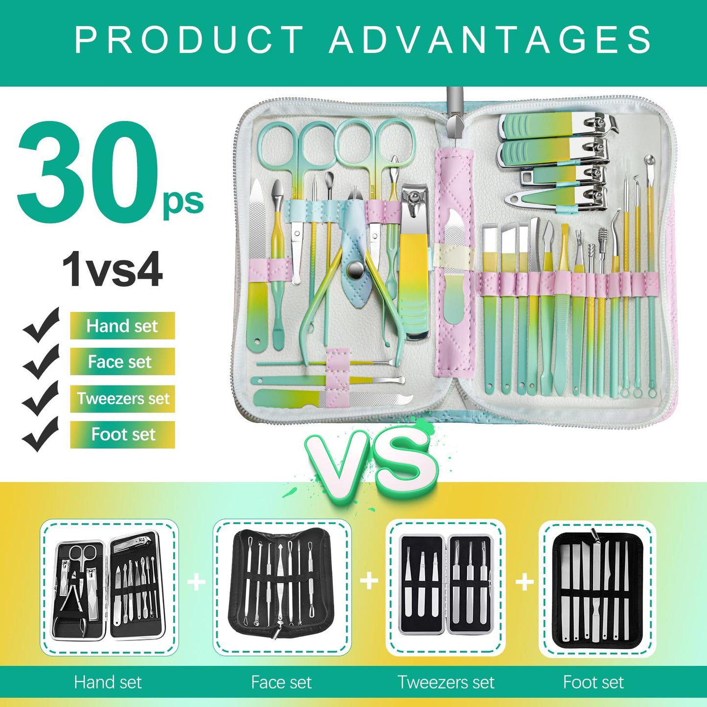 Manicure Set 30 in 1 Nail Clippers Set,Nail Manicure Kit for Women,RedFlow Toenail Clippers,Pedicure Kit,Pedicure Tools,Suitable for Travel Manicure Tools,Toe Nail Kit,Nail Care Kit(Yellow Green)