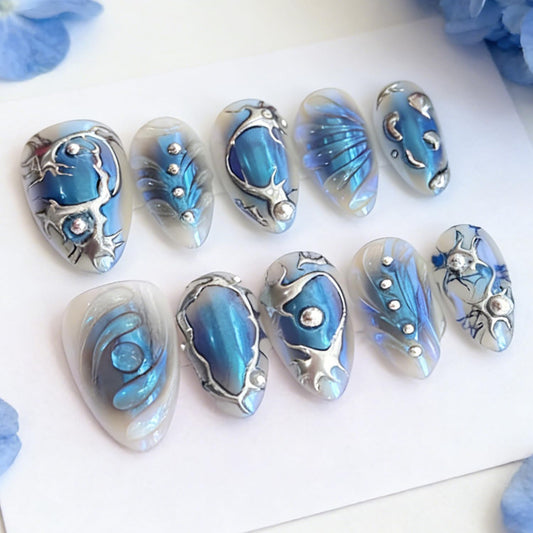 30Pcs Blue Almond Press on Nails Medium Fake Nails 3D Sliver Irregular Design Chrome False Nails Punk Sliver Acrylic Nails Full Cover Reusable Y2k Nails Glossy Blue Stick on Nails for Women