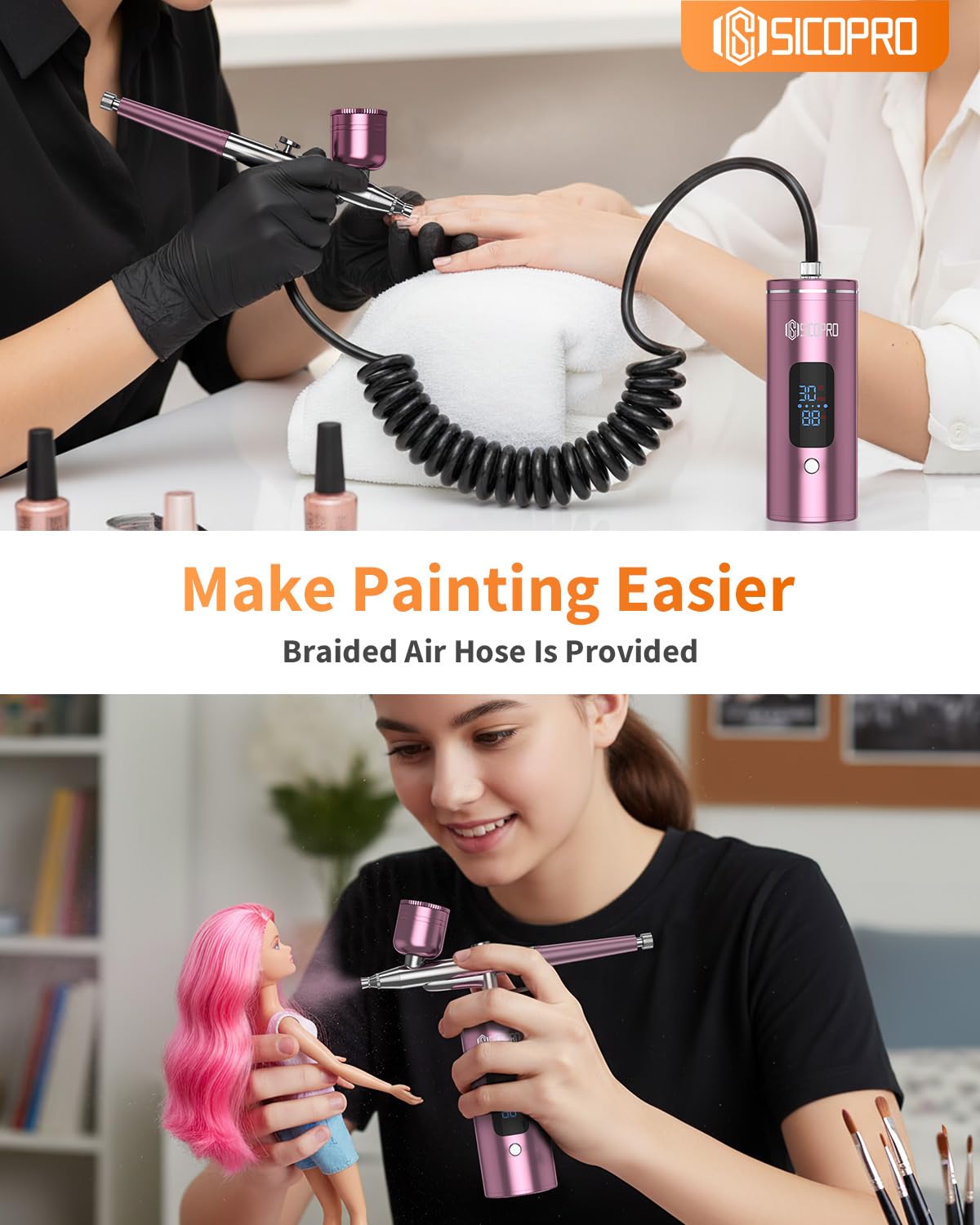 SICOPRO Airbrush Kit, Cordless Airbrush for Nails, Air Brush Kit With Air Compressor for Models/Shoes/Cakes/Hair, Air Brush Guns For Painting (Pink)