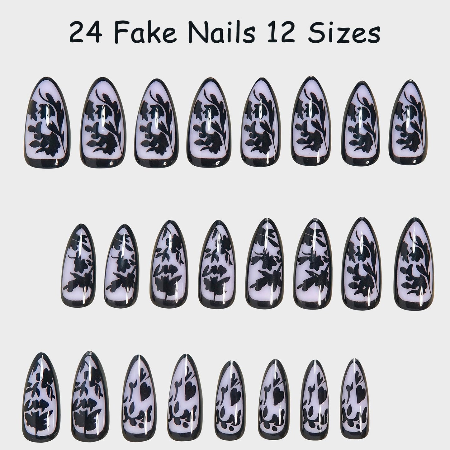24Pcs Y2k Black French Tip Press on Nails Medium Almond, Goth Floral Designs, Glossy Full Cover Fake Nails, Reusable Glue on Nails with Acrylic Effect,Nude Nails Press ons for Women