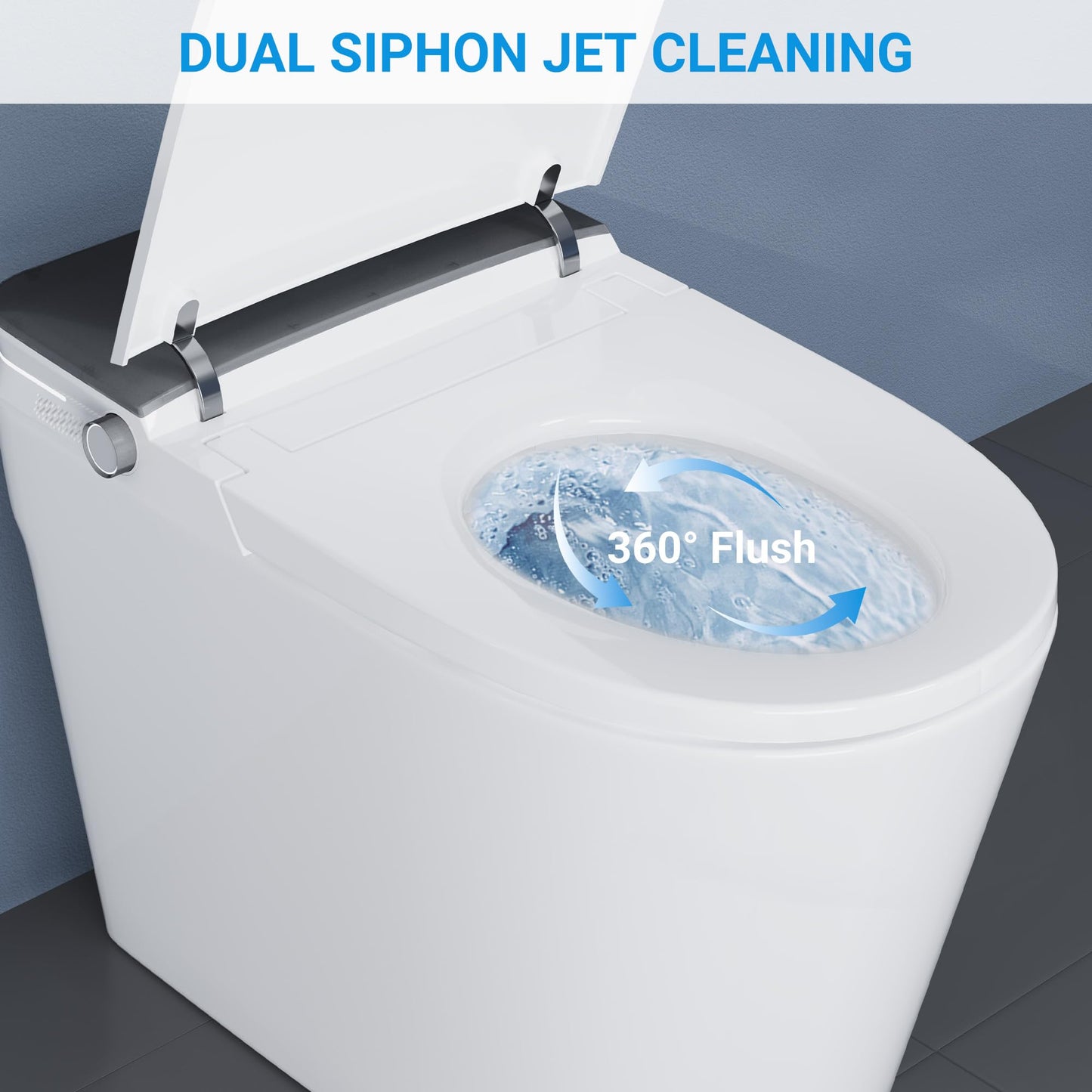 Smart Toilet with ADA Height, Bidet Built-In, Auto-Sensing Flip Lid, Off-Seat Auto Flush, Foot-Sensor, Instant Hot Water and Warm Air Drying, LED Display, Toilet with Light Strip