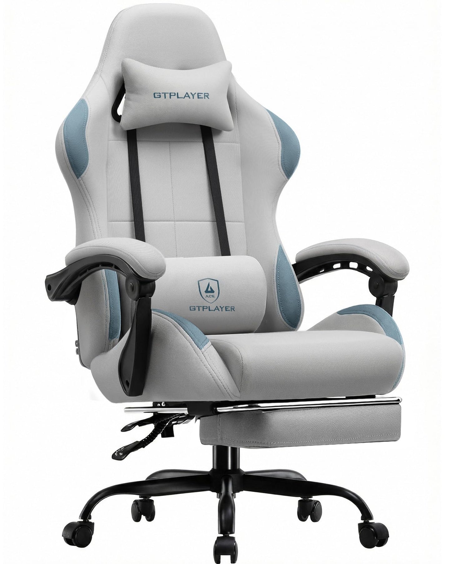 GTPLAYER Gaming Chair Fabric with Pocket Spring Cushion,Computer Office Chair with Lumbar Support for Adults Linkage Armrests and Footrest Ergonomic Gamings Chairs Height Adjustable Gray