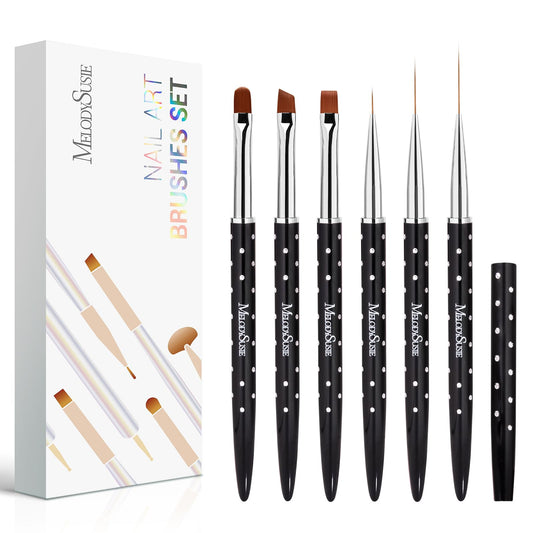 MelodySusie 6pcs Nail Art Brushes Set, Professional Pen Nail Gel Brush, Nail Extension and Builder Brush, Liner Brush 3 Sizes, Fashion Design for Home DIY Salon Use, Black