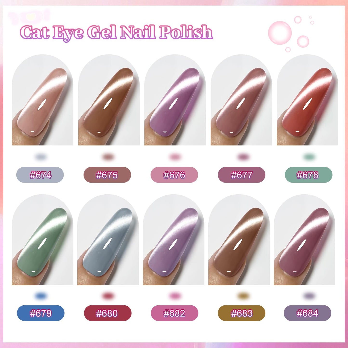 JODSONE 10 Colors Jelly Cat Eye Gel Nail Polish Set with Base Coat &Top Coat & Magnet Stick Purple Blue Pink Red Jelly Sweet Gentle Manicure DIY Nail Art