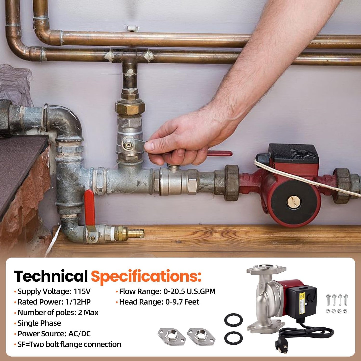 Talspity UP15-29SF, 59896771 Water Circulator Pump 115V 1/12HP, Compatible with Grundfos, Stainless Steel Single Phase Circulator Pump for Heating and Cooling Systems