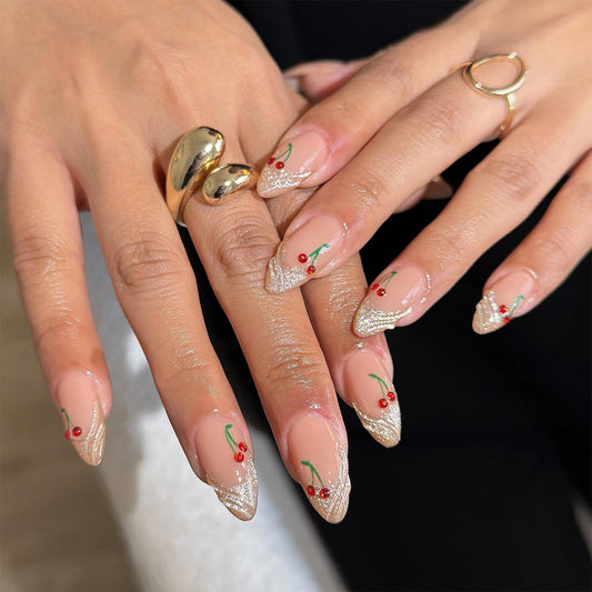 24Pcs Almond Press on Nails Short Fake Nails White French Tip Glue on Nails Full Cover Spring Stick on Nails with Cute Cherry Design Reusable Nude Pink Acrylic Nails Glossy False Nails for Women