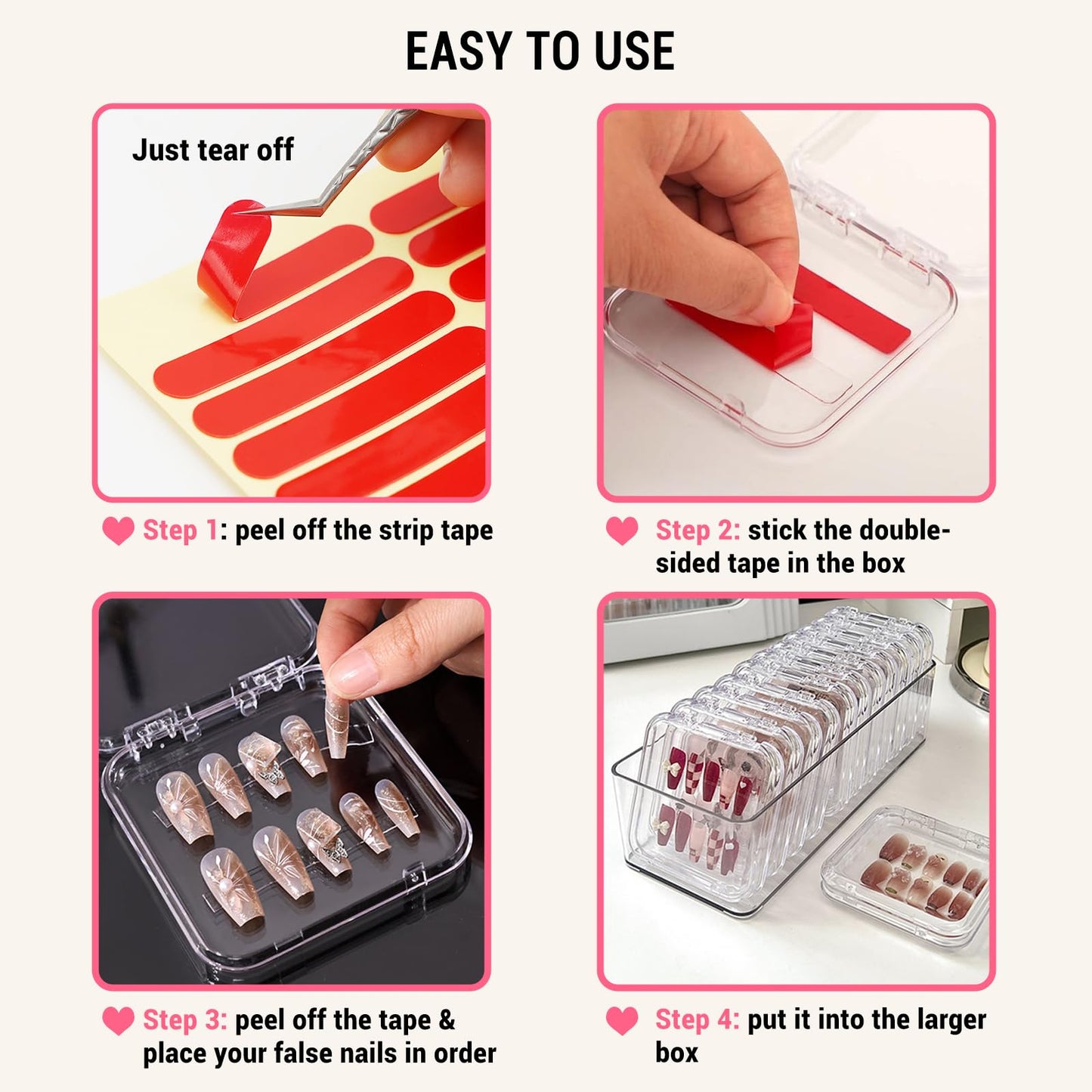12Pcs Press on Nail Packaging Boxes, False Nail Container Organizer Clear Nail Display Case with 1 All-In-One Acrylic Storage Box and 30pcs Double-sided Adhesive Tape for Nail Art Salon Home Use