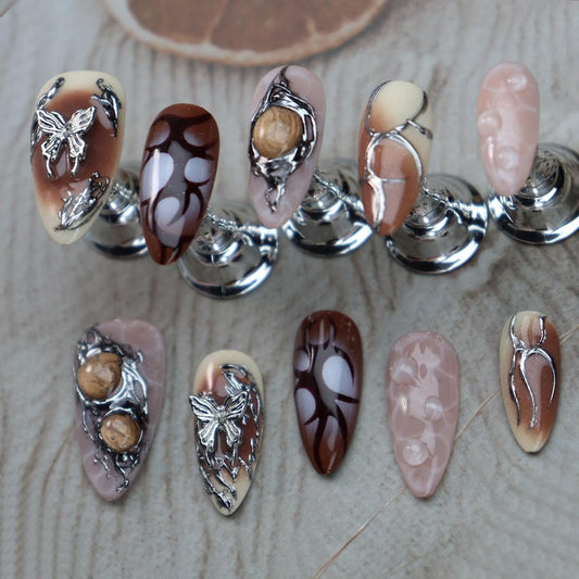 Brown Ombre Press on Nails Butterfly Fake Nails Medium Almond False Nail with Metal Design Silver Glue on Nails Handmade Nail Press ons Y2K Stick on Nail for Women Girls Cool Manicure (S)