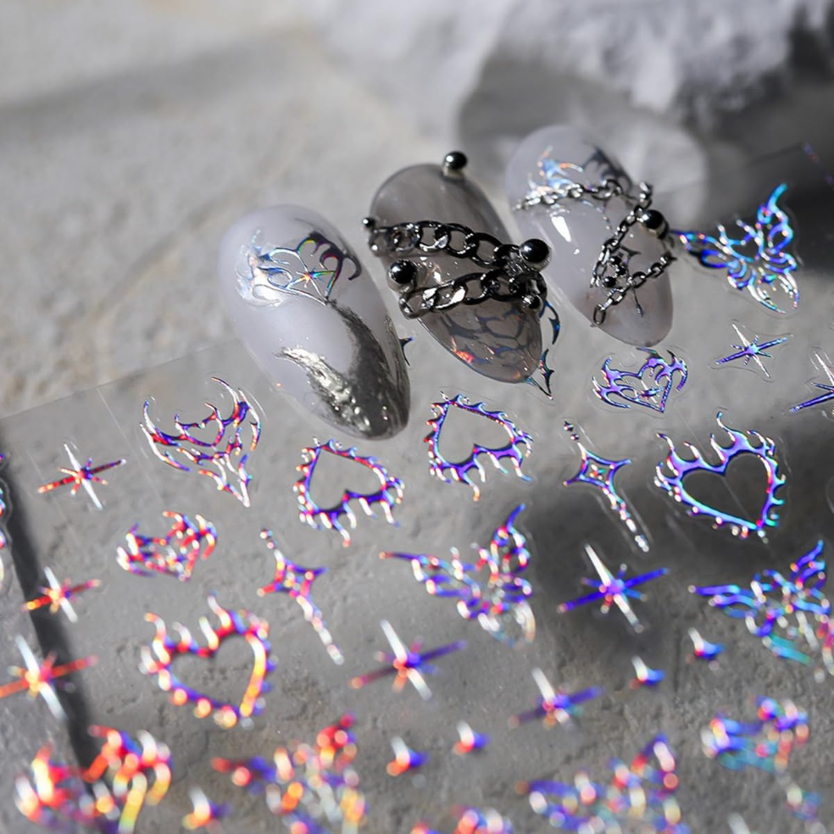5D Embossed Star Nail Stickers Blue Aurora Nail Art Stickers Shiny Laser Nail Decals Self-Adhesive Heart Butterfly Designs Nail Art Supplies DIY Manicure Decoration for Women Girls