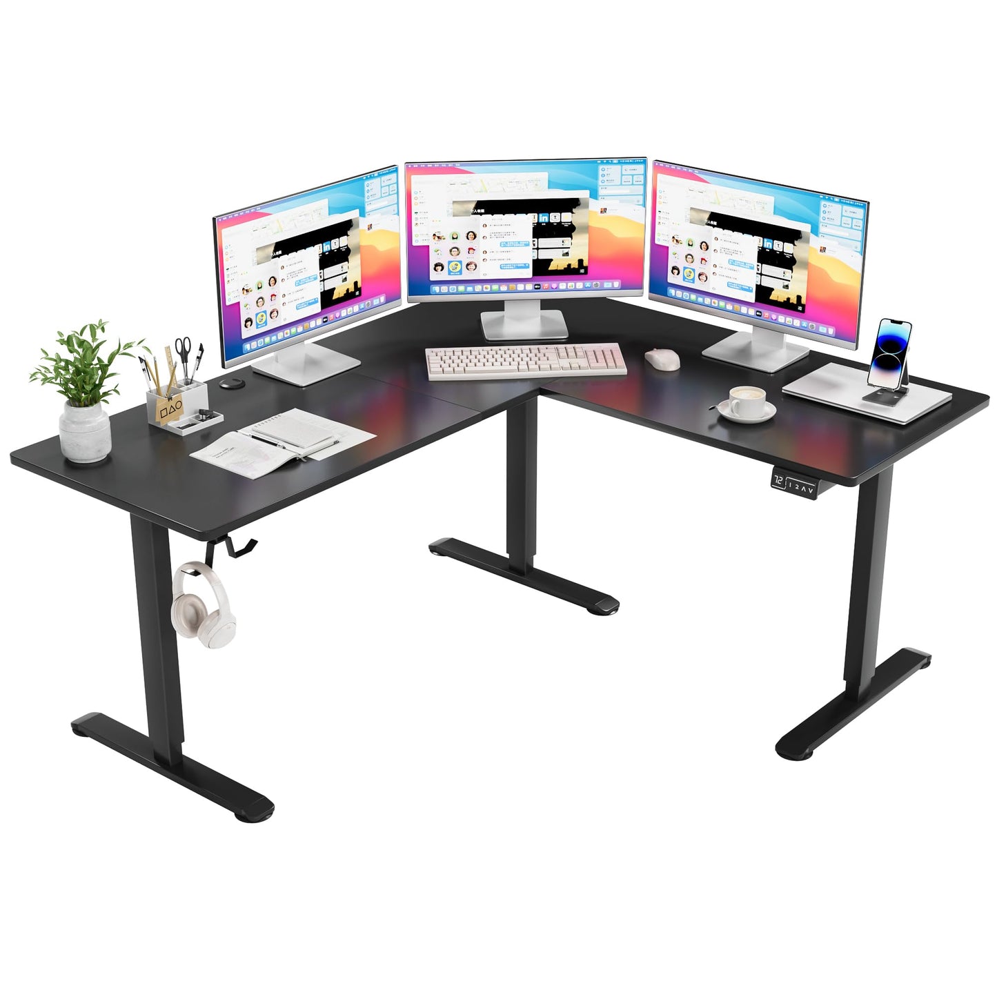 Furmax L Shaped Standing Desk with 2 Preset Heights, Electric Height Adjustable Computer Table, 2 Hooks & Feet Balance, Corner Sit Stand Desk for Home Office