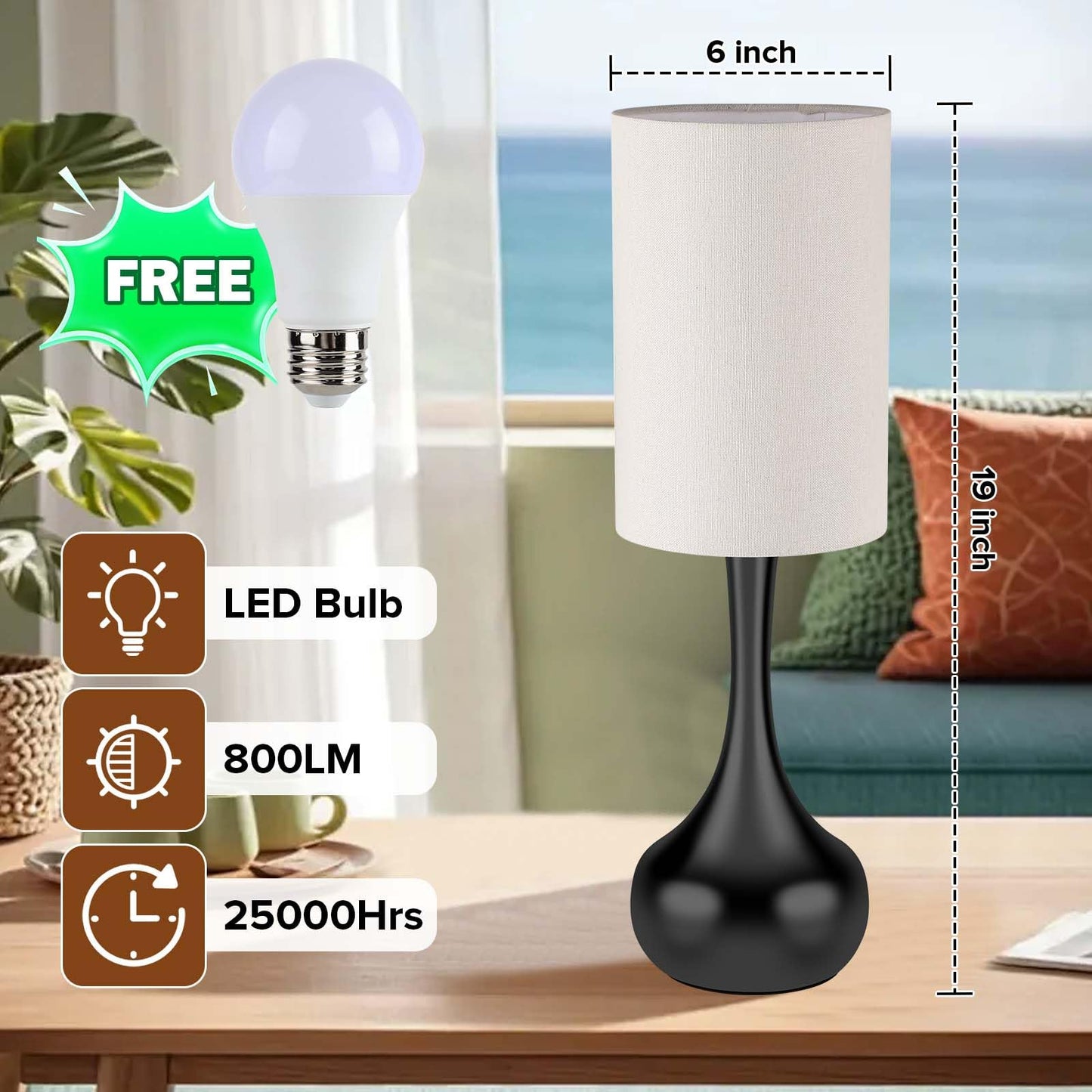 LEDIKON Mid Century Modern Droplet Table Lamp,Touch Control & 3-Way Dimmable,No Assembly Required Cylinder Shade,Black Vintage Farmhouse Bedside Lamp for Bedroom,Nightstand,Living Room,Office