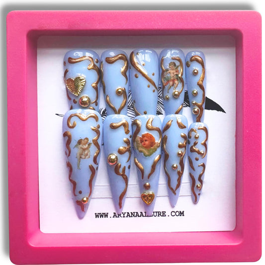 ARYANA NEW YORK Luxury 3D Press-On Nails – Handmade Long Stiletto False Nails for Women, Acrylic Look Blue Design with Gold Beads | Blue Angels Collection (Medium)