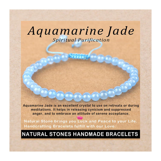 AD Beads 4mm Aquamarine Jade - Spiritual Purification - Handmade Natural Stone Crystal Bracelet with Adjustable Macrame String - Yoga Healing Power Energy Gifts for Men and Women