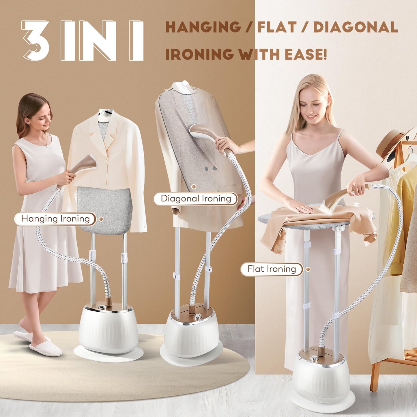 CGOLDENWALL 3-in-1 Standing Garment Steamer for Clothes, with Flat & Hanging & Diagonal Iron Options, 10-Level Steam, Includes Garment Hanger, Ironing Board, and Gloves