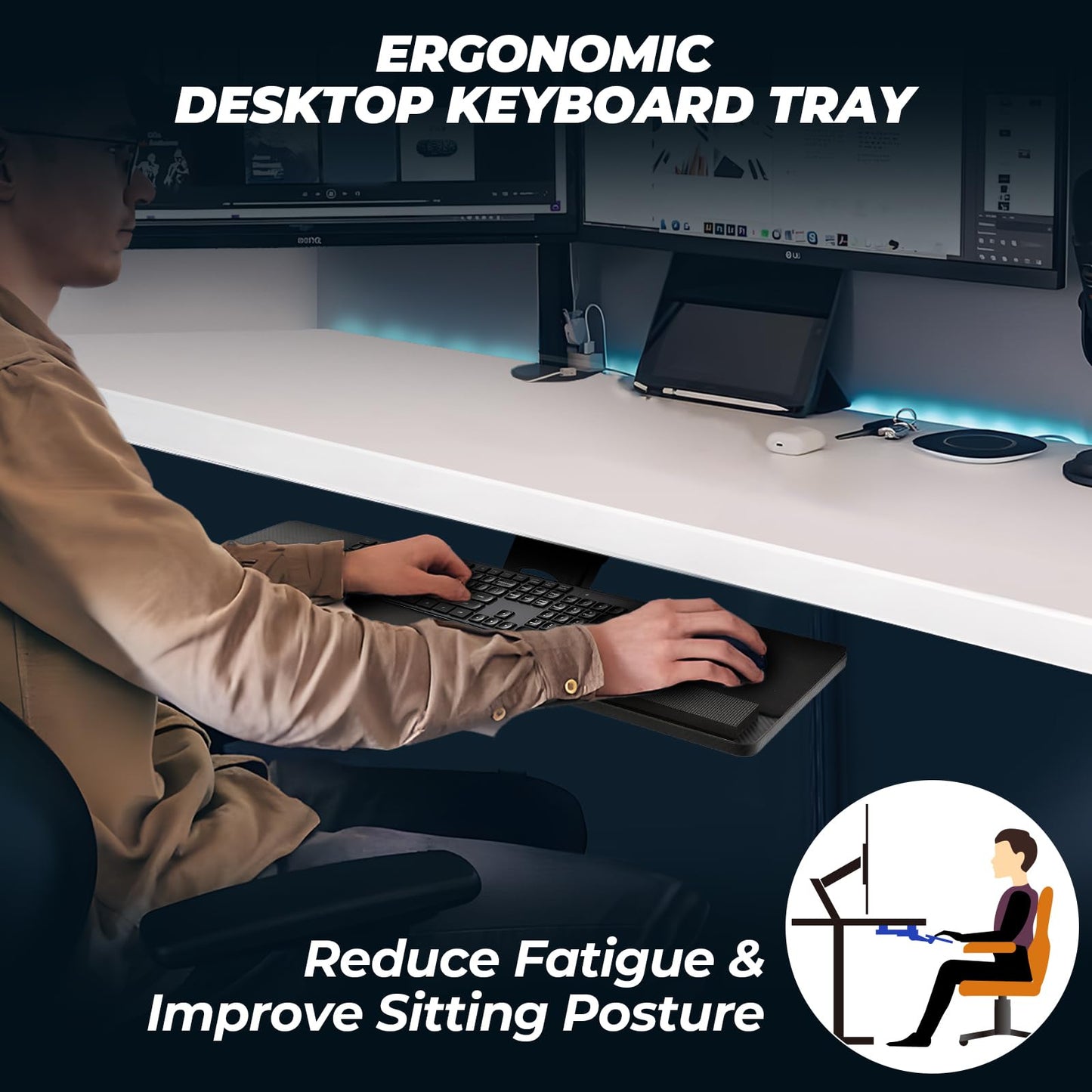 Keyboard Tray Under Desk， 360° Adjustable Slide Out Keyboard Tray Under Desk with Mouse Pad & Wrist Rest，Ergonomic Large Size Keypad Tray Holder， Suitable for Office/Game/Home