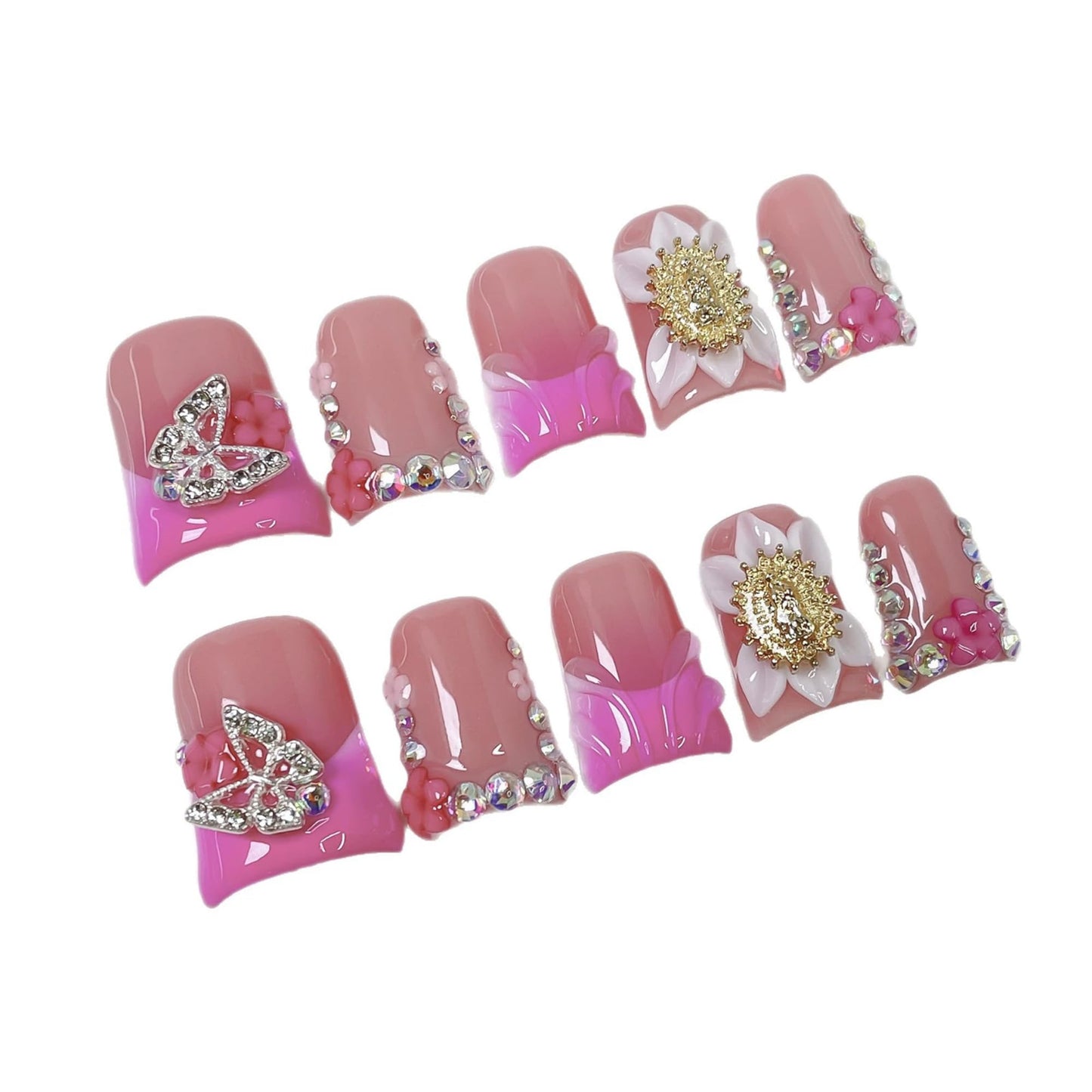 Handmade Press on Nails Duck Medium Fake Nails Pink French Tip Acrylic False Nails with 3D Flower and Rhinestone Butterfly Design Duck Nails Press ons Luxury Full Cover Stick on Nail for Women (M)